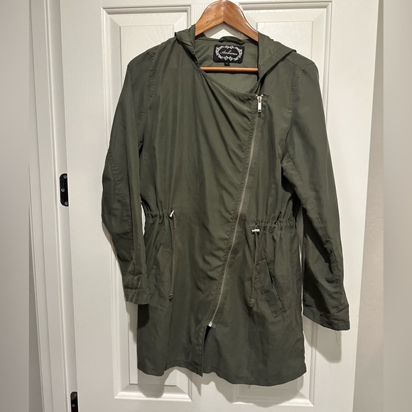 Ambiance Green Lightweight Front Zip Hooded Roll Tab Cinch Waist Jacket Large - Picture 1 of 5